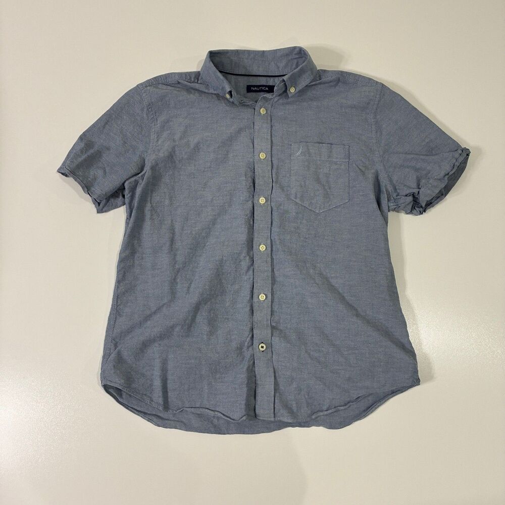 Nautica Men's Short Sleeve Button-Down Shirt Blue L